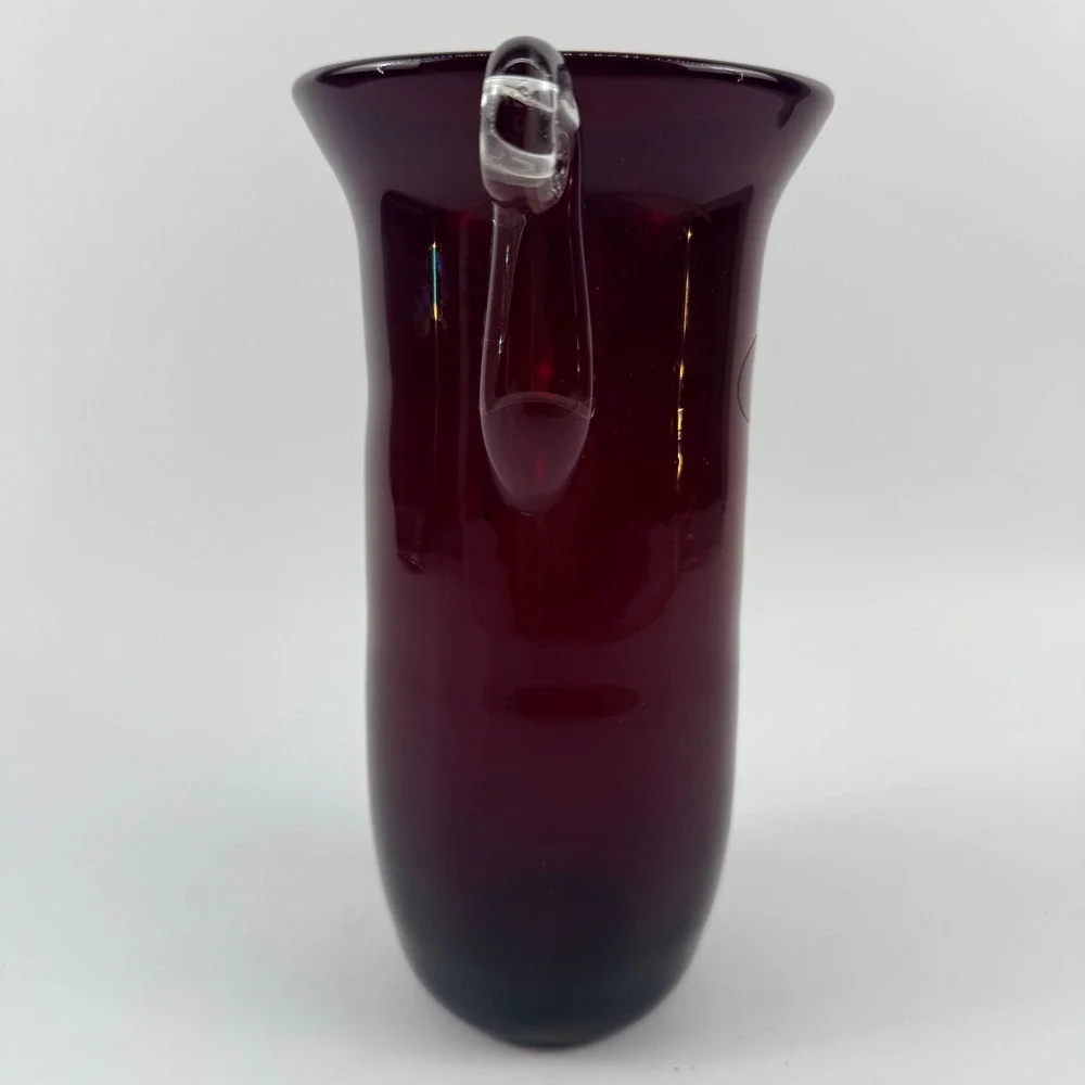 Blenko Ruby Red Glass Vase Non-Catalog Applied Clear Scroll Handles Silver Label